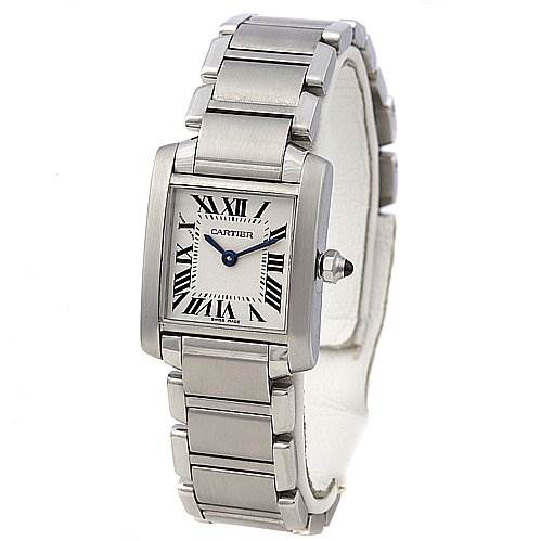 The image shows the full front view of a Cartier Tank Française wristwatch, including its rectangular face, Roman numerals, and metal bracelet.