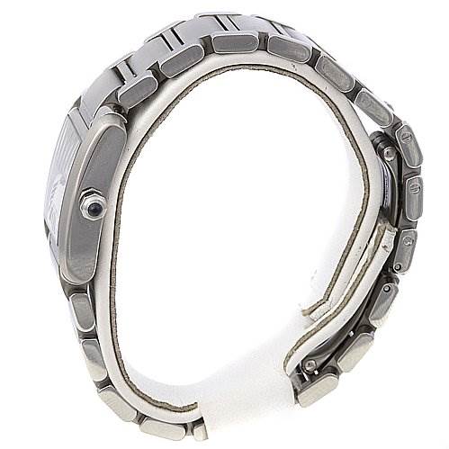 The image displays a side profile of a Cartier Tank Française watch, highlighting its metal bracelet and crown.