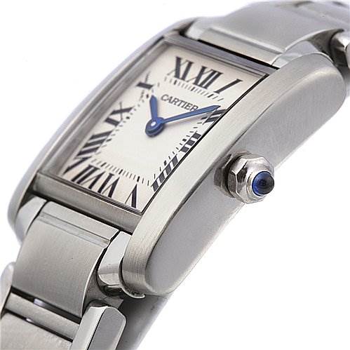 The image shows a close-up side angle of the Cartier Tank Francaise W51008Q3 Women's Stainless Steel White Dial W51008Q3 Women's Stainless Steel White Dial watch, highlighting its dial, case, and bracelet.