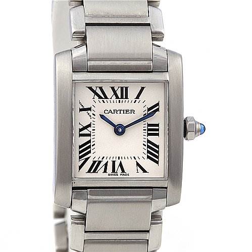 The image shows a front view of the Cartier Tank Francaise W51008Q3 Women's Stainless Steel White Dial W51008Q3 Women's Stainless Steel White Dial watch, highlighting its rectangular face, Roman numerals, and metal bracelet.