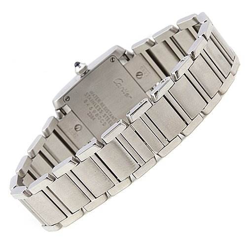 This image shows the back view and bracelet of the Cartier Tank Francaise W51008Q3 Women's Stainless Steel White Dial W51008Q3 Women's Stainless Steel White Dial watch, highlighting its metallic links and clasp.