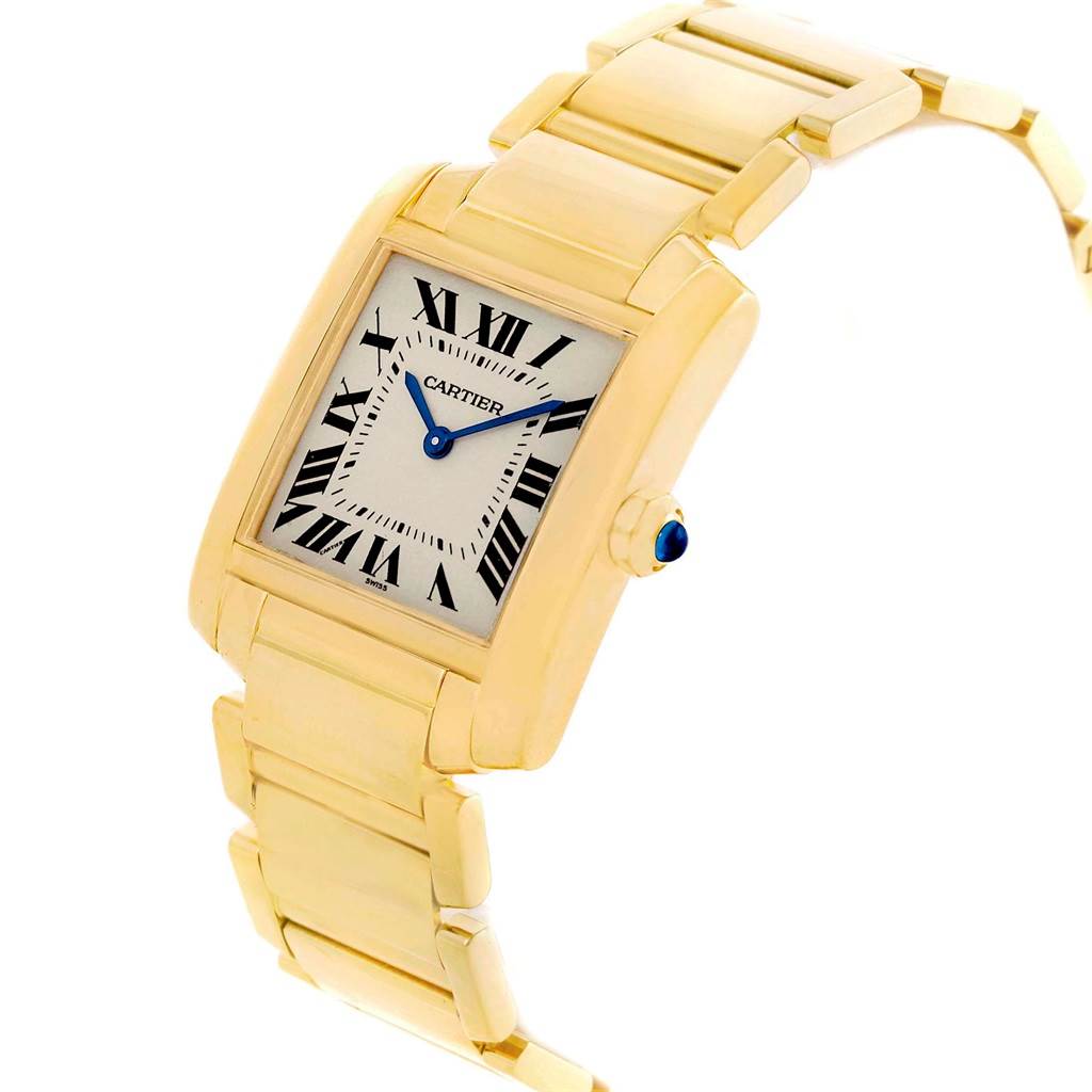 This Cartier Tank Francaise W50003N2 Women's Yellow Gold Silver Dial W50003N2 Women's Yellow Gold Silver Dial watch is shown at a slight top-side angle, highlighting its face, bracelet, and crown.