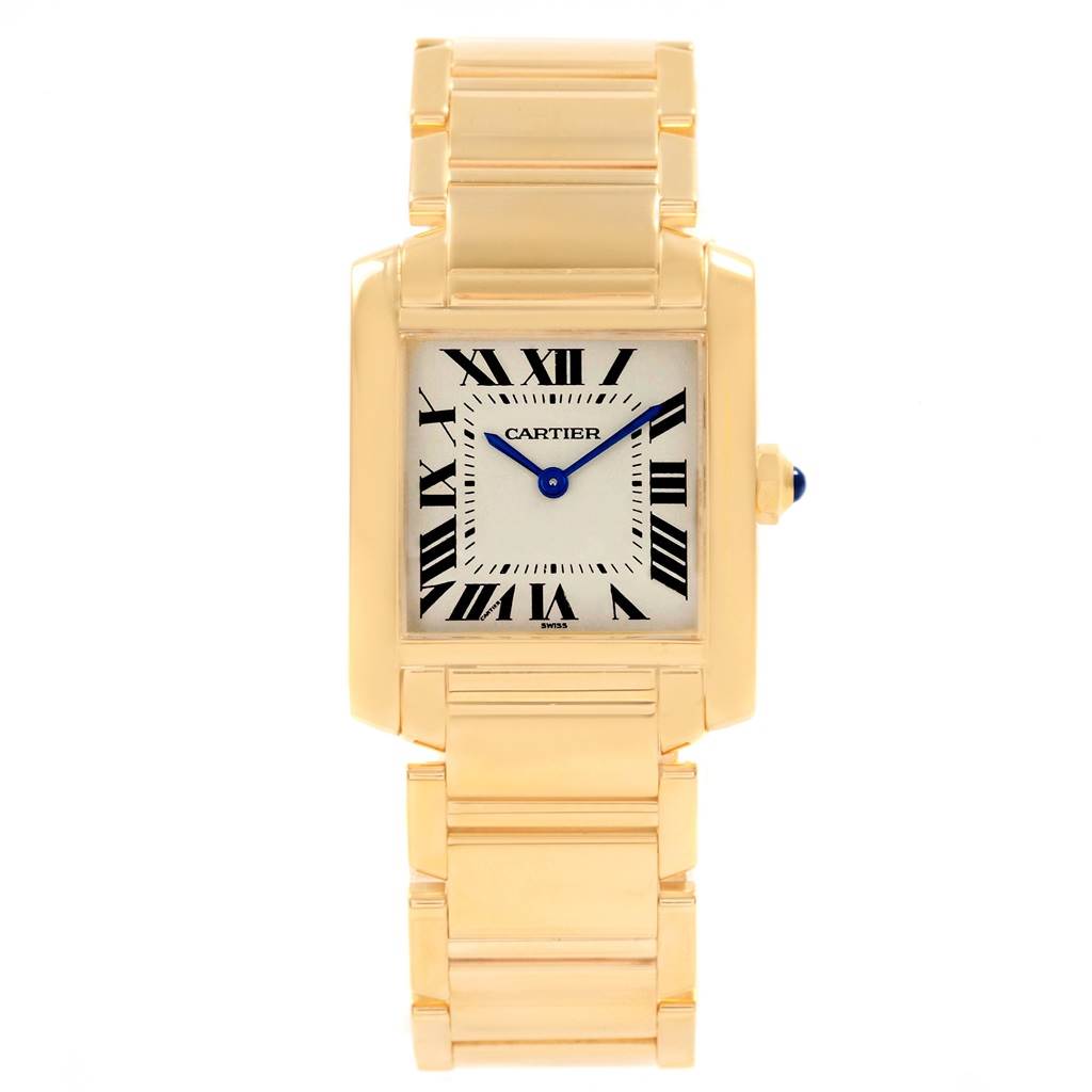 This is a frontal view of the Cartier Tank Francaise W50003N2 Women's Yellow Gold Silver Dial W50003N2 Women's Yellow Gold Silver Dial watch, showcasing its gold bracelet and Roman numeral face.