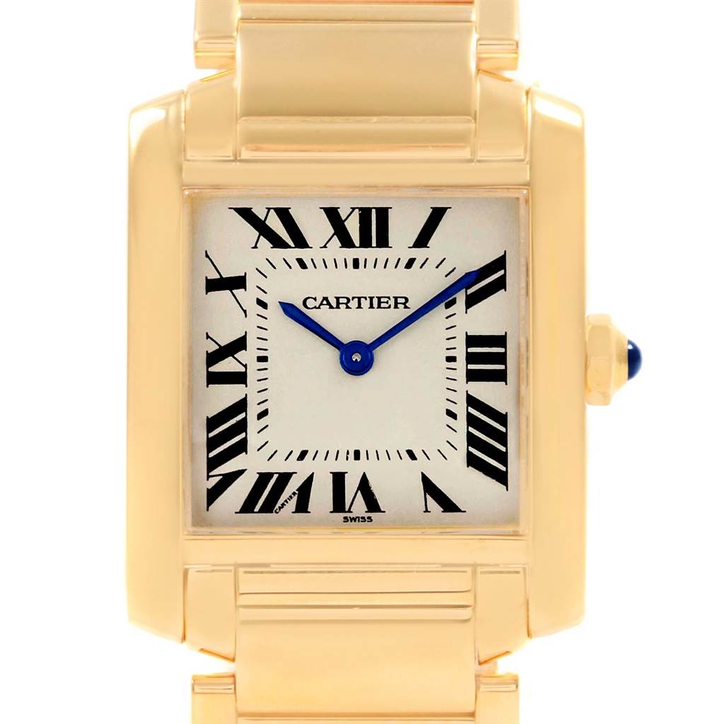 The image shows a close-up of the face and upper bracelet of the Cartier Tank Francaise W50003N2 Women's Yellow Gold Silver Dial W50003N2 Women's Yellow Gold Silver Dial watch.