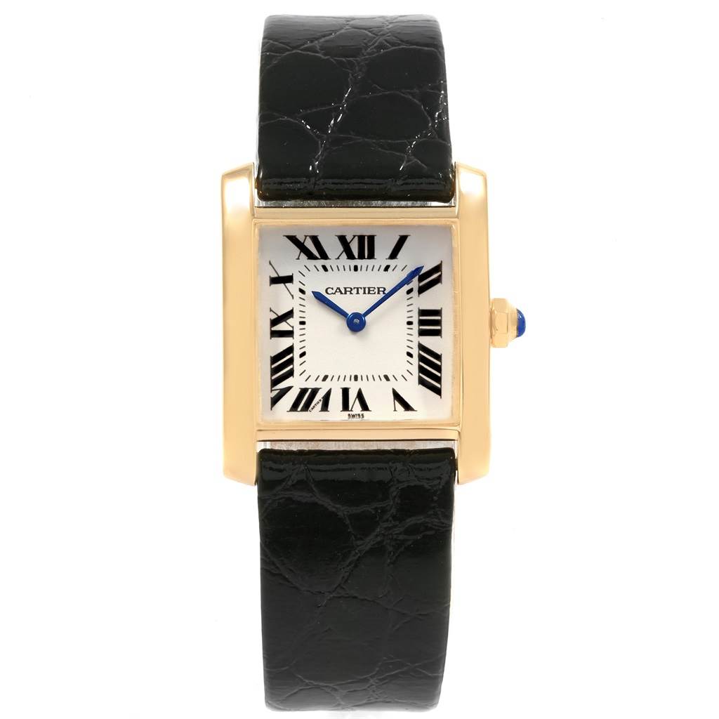 This Cartier Tank Francaise W50003N2 Women's Yellow Gold Silver Dial W50003N2 Women's Yellow Gold Silver Dial watch is shown from the front, displaying its dial, case, and strap.