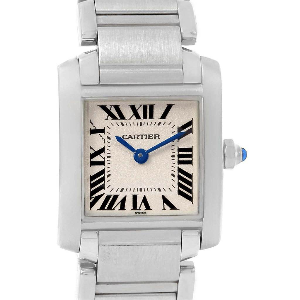 This image shows a frontal view of the Cartier Tank Francaise W51008Q3 Women's Stainless Steel Silver Dial W51008Q3 Women's Stainless Steel Silver Dial watch, displaying its face, bracelet, and crown.