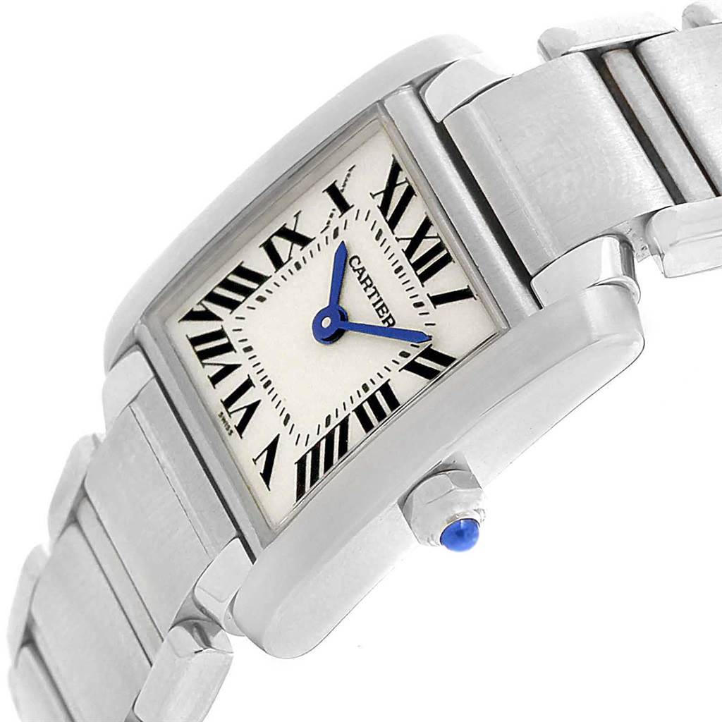 This image shows a close-up angled view of the Cartier Tank Francaise W51008Q3 Women's Stainless Steel Silver Dial W51008Q3 Women's Stainless Steel Silver Dial watch, including the dial, case, crown, and part of the bracelet.