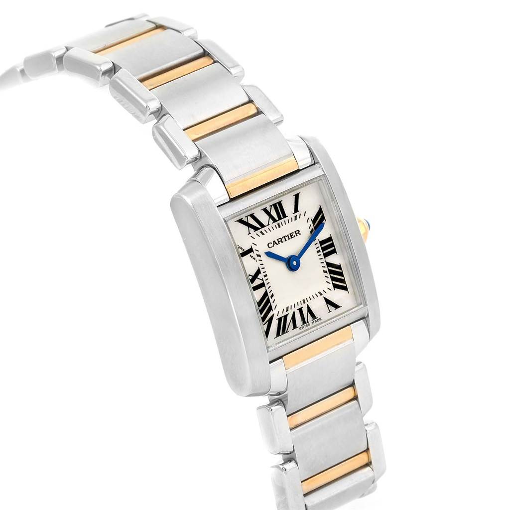 The Cartier Tank Francaise W51007Q4 Women's Steel and Gold (two tone) Silver Dial W51007Q4 Women's Steel and Gold (two tone) Silver Dial watch is shown at an angle displaying its face, bracelet, and distinctive Roman numerals.