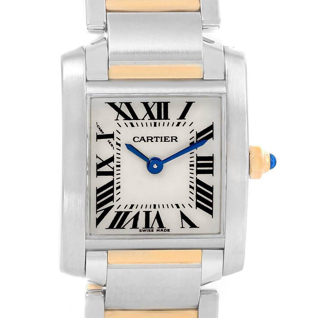 This image shows a frontal view of the Cartier Tank Francaise W51007Q4 Women's Steel and Gold (two tone) Silver Dial W51007Q4 Women's Steel and Gold (two tone) Silver Dial watch, highlighting its face and part of the bracelet.