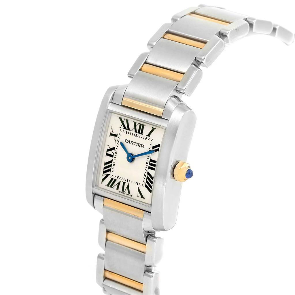 The image shows a side-angle view of a Cartier Tank Française watch, featuring its face, bracelet, and crown.