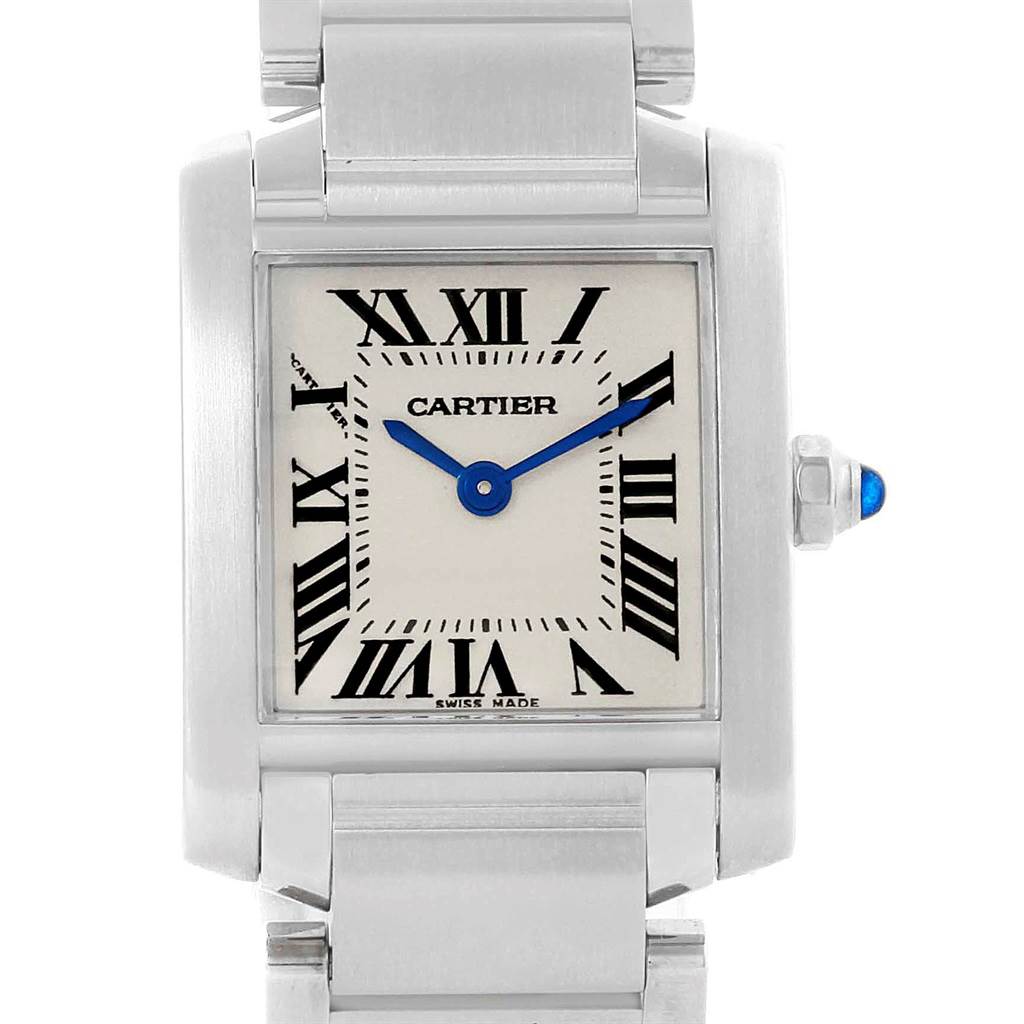 This Cartier Tank Francaise W51008Q3 Women's Stainless Steel Silver Dial W51008Q3 Women's Stainless Steel Silver Dial watch is shown from a front angle, featuring its square dial, Roman numerals, blue hands, and steel bracelet.