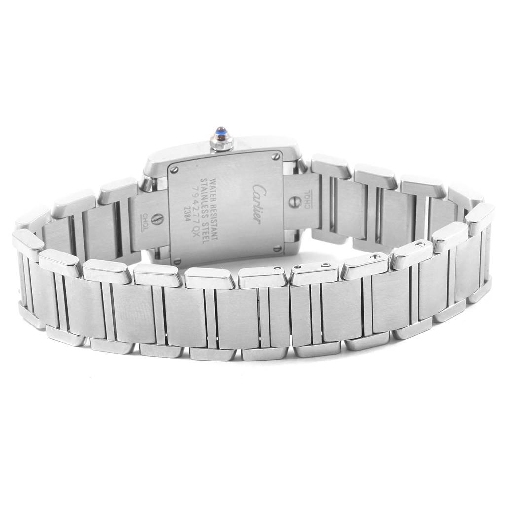 The image shows the back view of the Cartier Tank Francaise W51008Q3 Women's Stainless Steel Silver Dial W51008Q3 Women's Stainless Steel Silver Dial watch, highlighting the stainless steel case and bracelet.