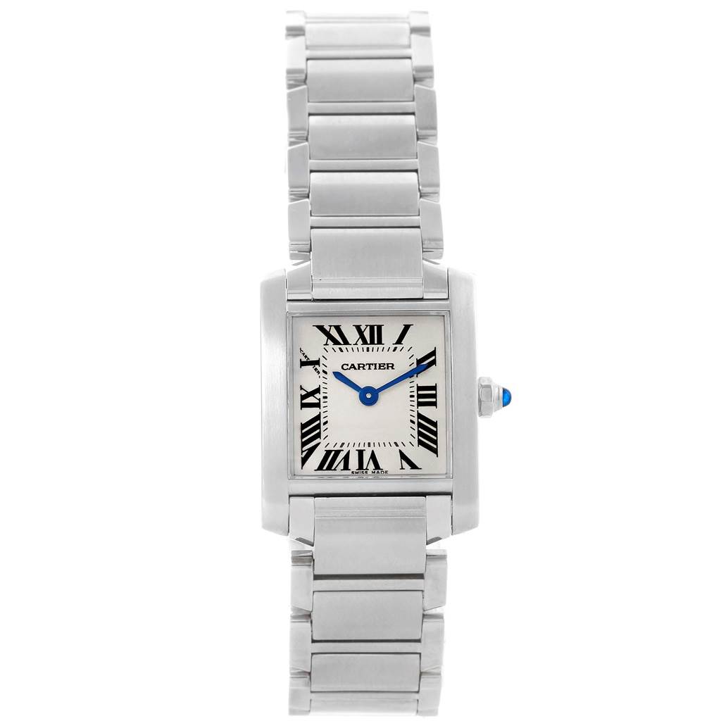This image shows a frontal view of a Cartier Tank Française watch, highlighting its face and metal bracelet.