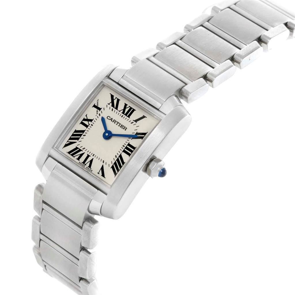 The image shows a front angled view of a Cartier Tank Francaise W51008Q3 Women's Stainless Steel Silver Dial W51008Q3 Women's Stainless Steel Silver Dial watch, highlighting its face, bracelet, and side crown.