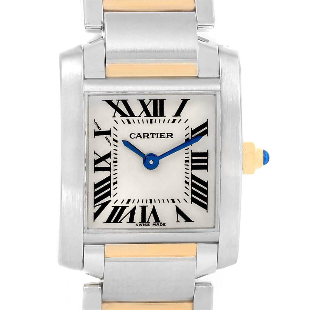 The image shows a close-up of the Cartier Tank Francaise W51007Q4 Women's Steel and Gold (two tone) Silver Dial W51007Q4 Women's Steel and Gold (two tone) Silver Dial watch's face, including its rectangular case, dial, and part of the bracelet.