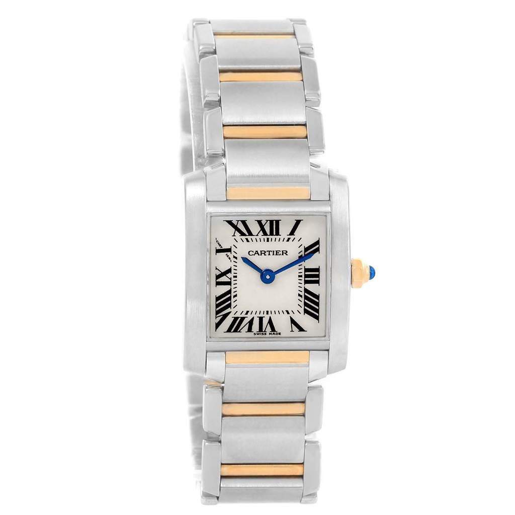 This image shows a frontal view of a Cartier Tank Francaise W51007Q4 Women's Steel and Gold (two tone) Silver Dial W51007Q4 Women's Steel and Gold (two tone) Silver Dial watch, highlighting its bracelet and rectangular face.