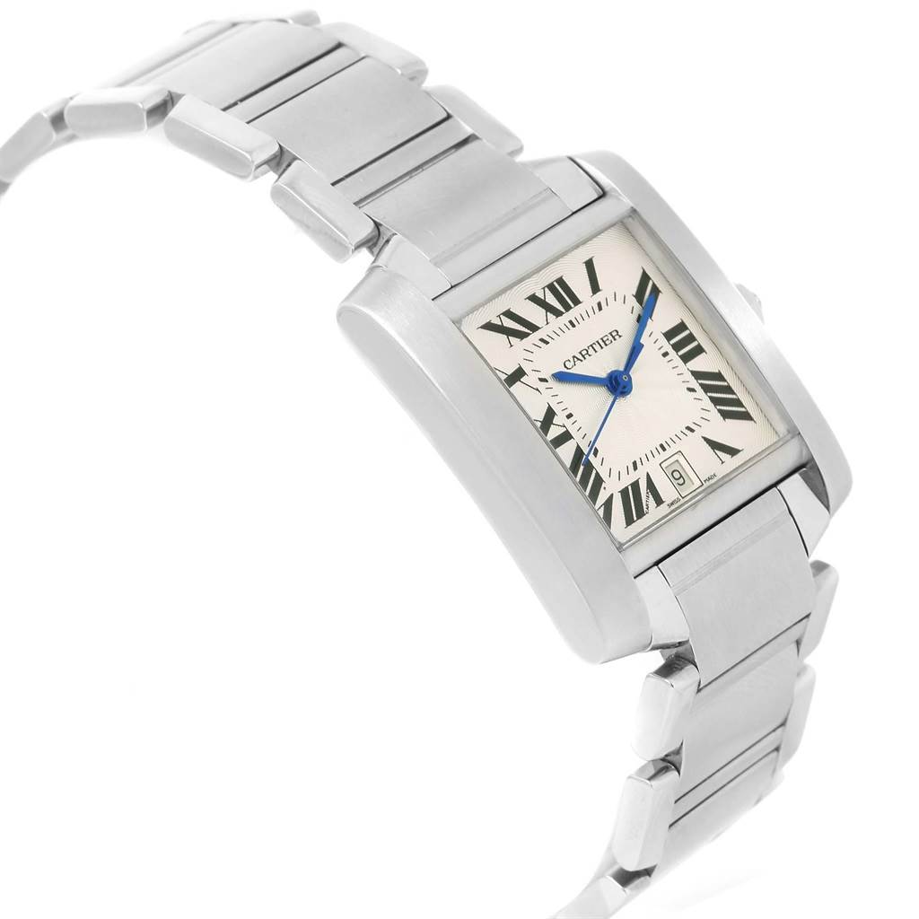 The image shows a Cartier Tank Francaise W51002Q3 Men
s Stainless Steel Silver Dial W51002Q3 Men
s Stainless Steel Silver Dial watch at a slight angle, displaying the face, Roman numerals, date window, and part of the metal bracelet.