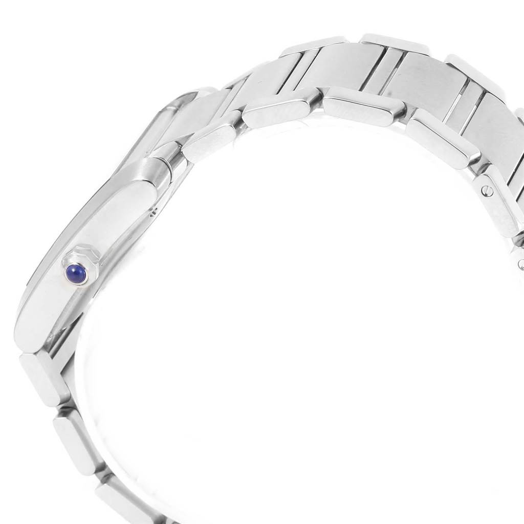 The image shows a side view of the bracelet and crown of the Cartier Tank Francaise W51002Q3 Men
s Stainless Steel Silver Dial W51002Q3 Men
s Stainless Steel Silver Dial watch, highlighting its metal links and blue cabochon.