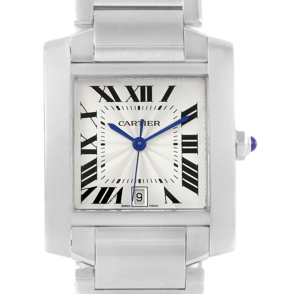 The image shows a close-up view of the Cartier Tank Francaise W51002Q3 Men
s Stainless Steel Silver Dial W51002Q3 Men
s Stainless Steel Silver Dial watch face and part of the metal bracelet.