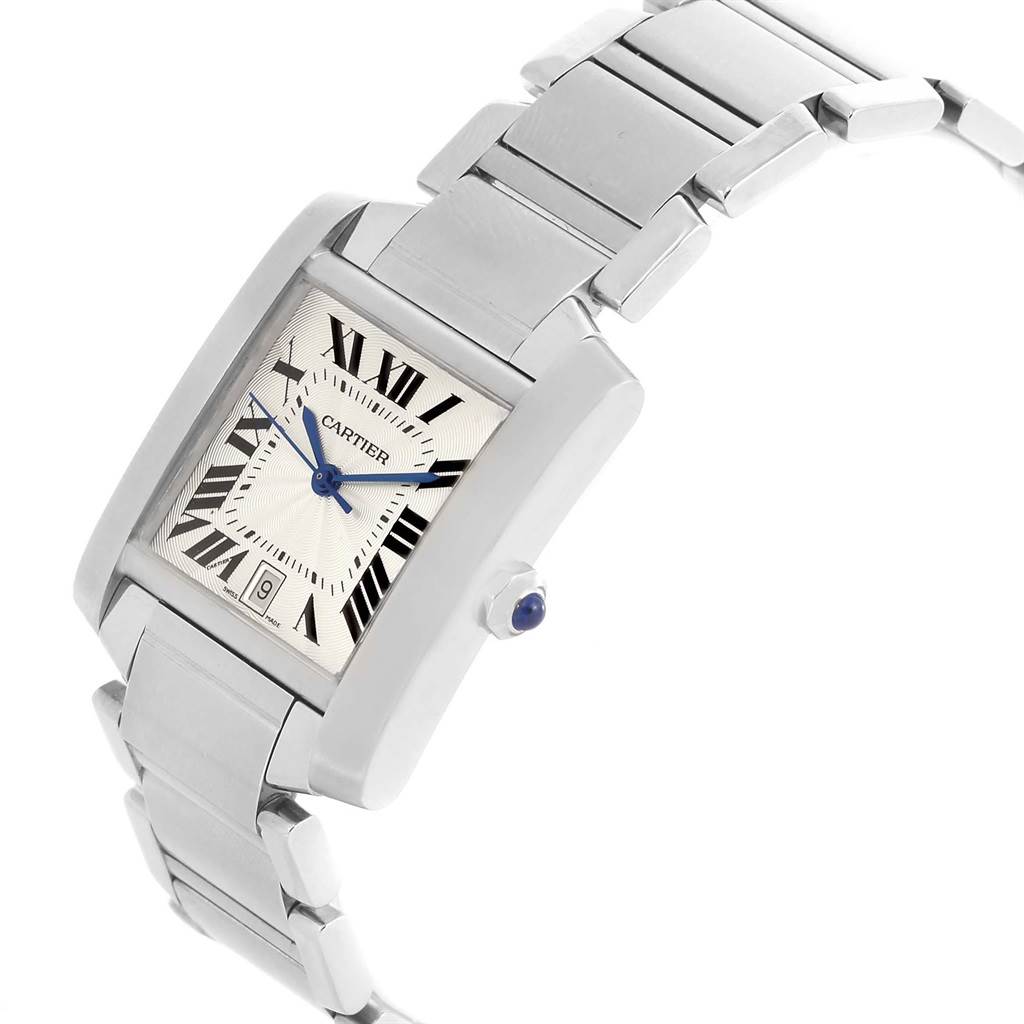 The image shows a Cartier Tank Française watch at a three-quarter angle, highlighting the face, bracelet, and crown.