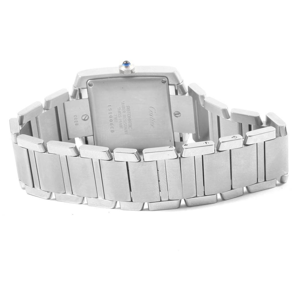 This image shows the backside and metal bracelet of a Cartier Tank Française watch.