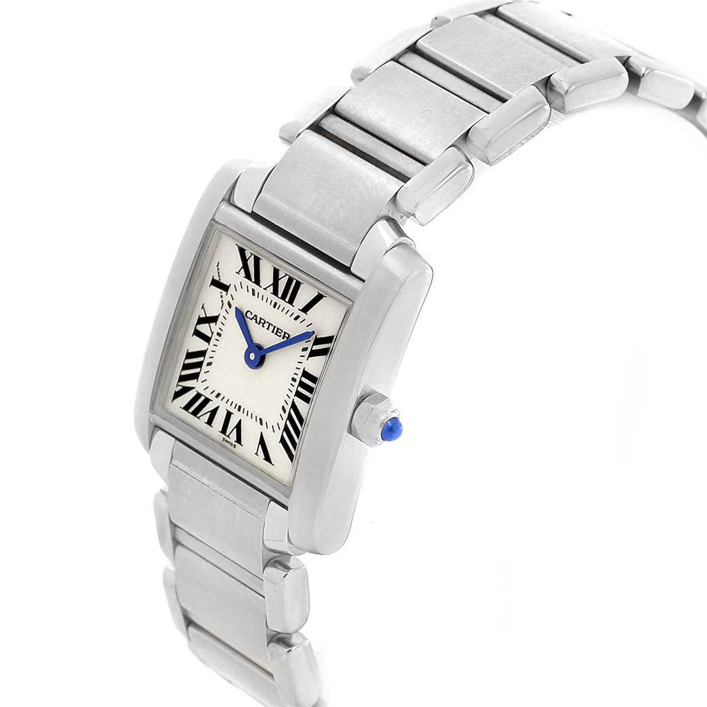The Cartier Tank Francaise W51008Q3 Women's Stainless Steel Silver Dial W51008Q3 Women's Stainless Steel Silver Dial watch is shown from an angled top-down view, highlighting the face and part of the metal bracelet.