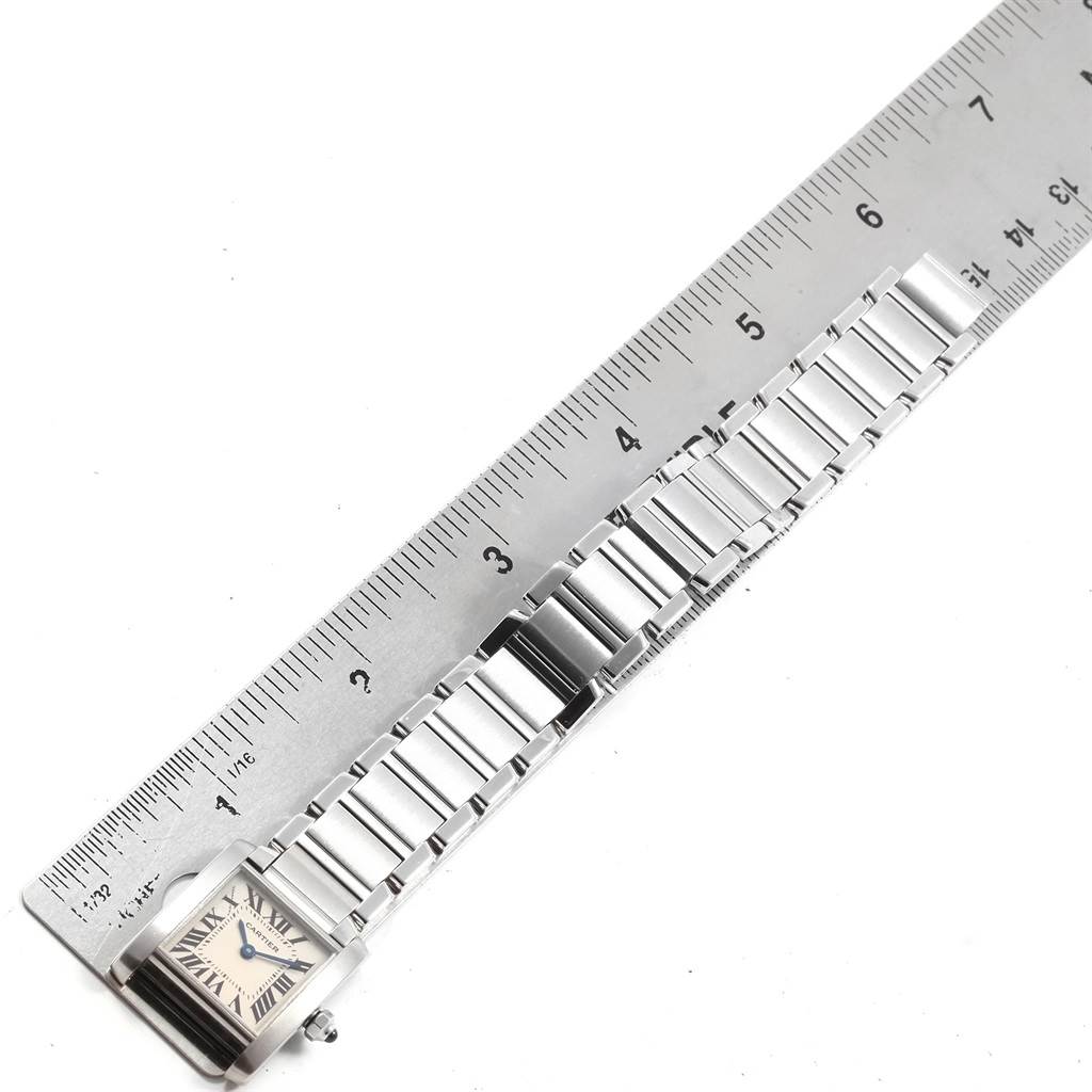 The image shows a Cartier Tank Francaise W51008Q3 Women's Stainless Steel Silver Dial W51008Q3 Women's Stainless Steel Silver Dial watch laid flat and measured against a ruler.