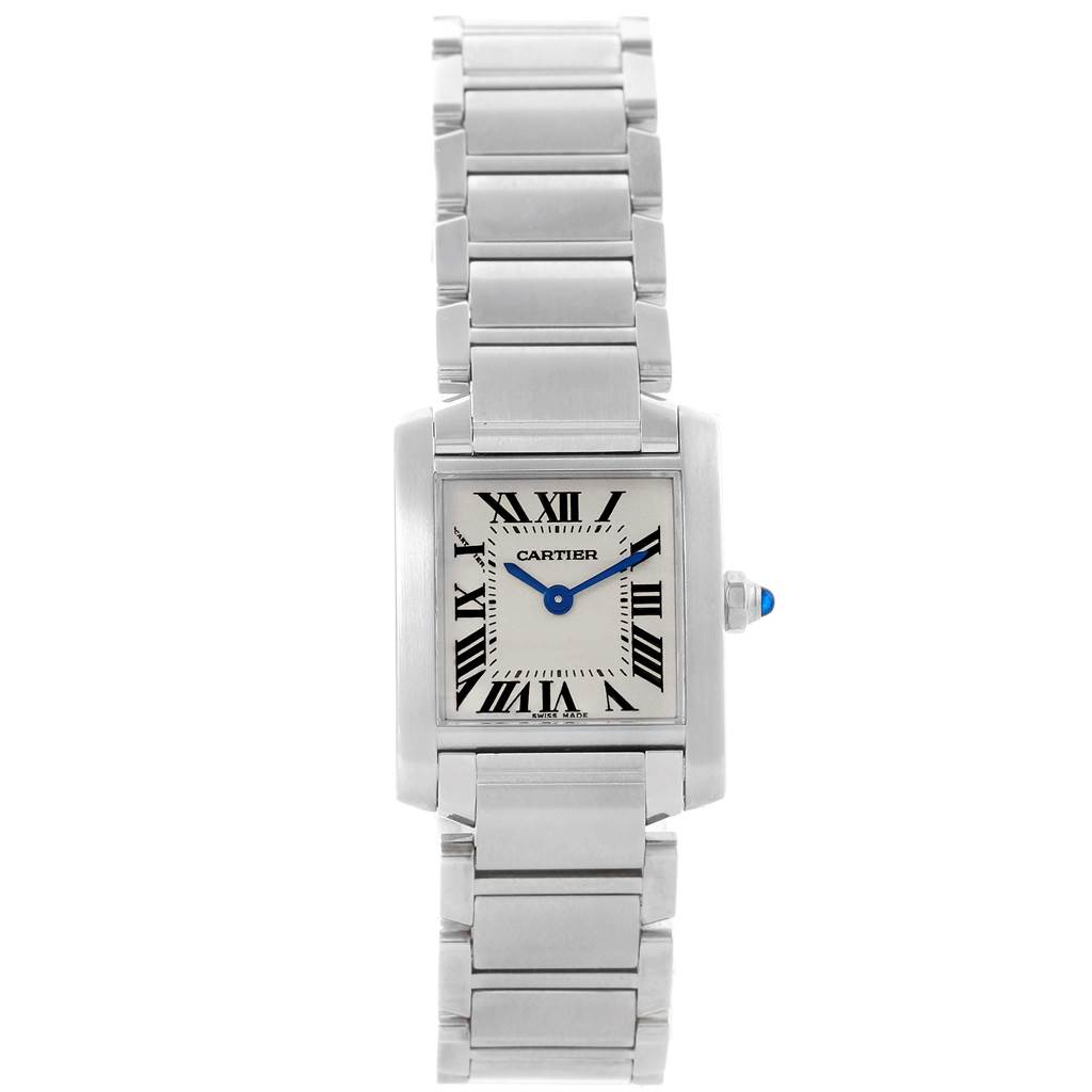 The image shows a Cartier Tank Francaise W51008Q3 Women's Stainless Steel Silver Dial W51008Q3 Women's Stainless Steel Silver Dial watch, captured from a frontal angle displaying its face and steel bracelet.