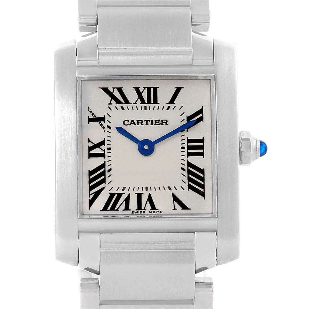 The Cartier Tank Francaise W51008Q3 Women's Stainless Steel Silver Dial W51008Q3 Women's Stainless Steel Silver Dial watch is shown from the front, highlighting its face, dial, and partial band.