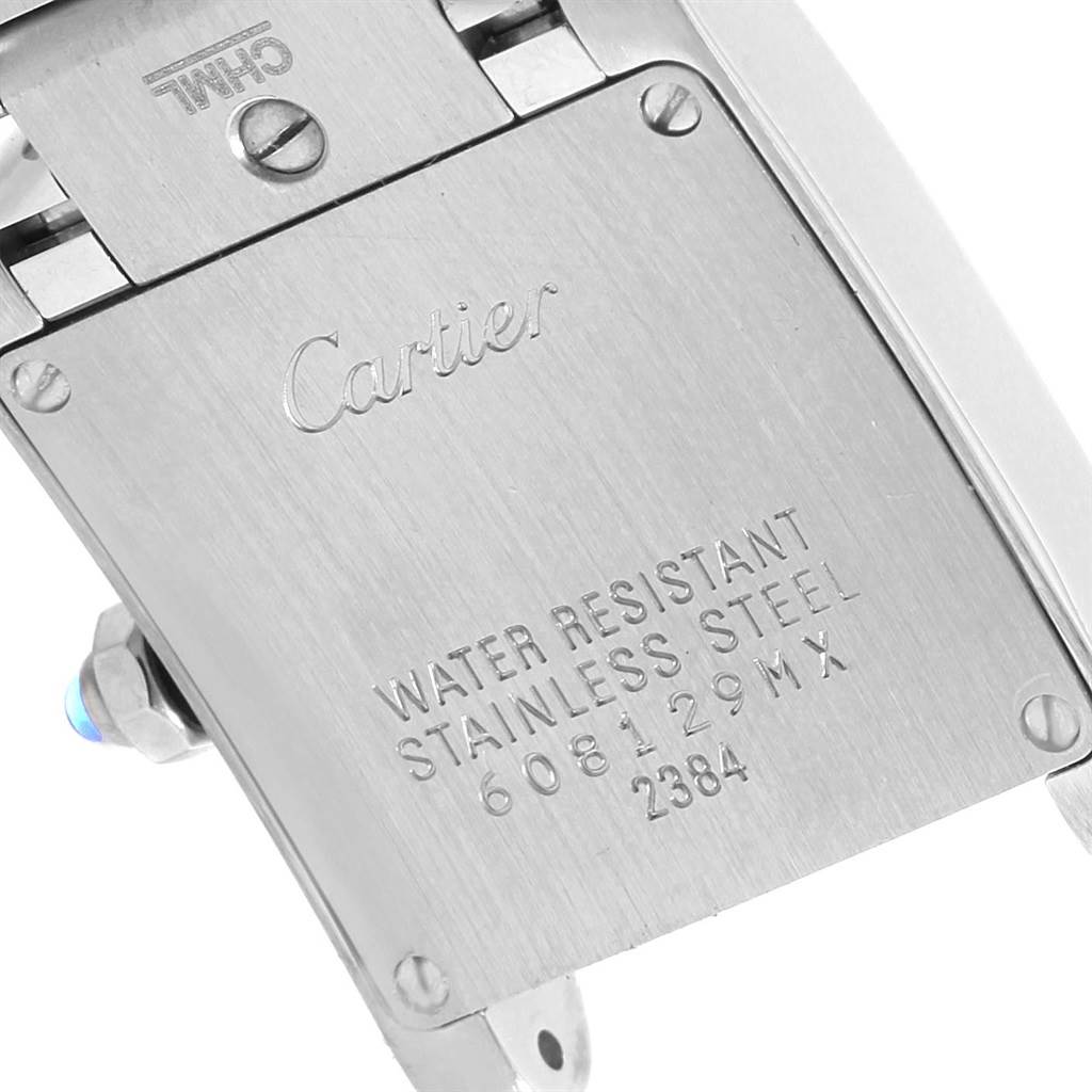 This image shows the back of a Cartier Tank Francaise W51008Q3 Women's Stainless Steel Silver Dial W51008Q3 Women's Stainless Steel Silver Dial watch, highlighting the case back and water resistance details.
