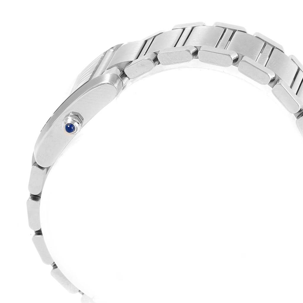 This is a side view of the Cartier Tank Francaise W51008Q3 Women's Stainless Steel Silver Dial W51008Q3 Women's Stainless Steel Silver Dial watch, showing its metal bracelet and crown.