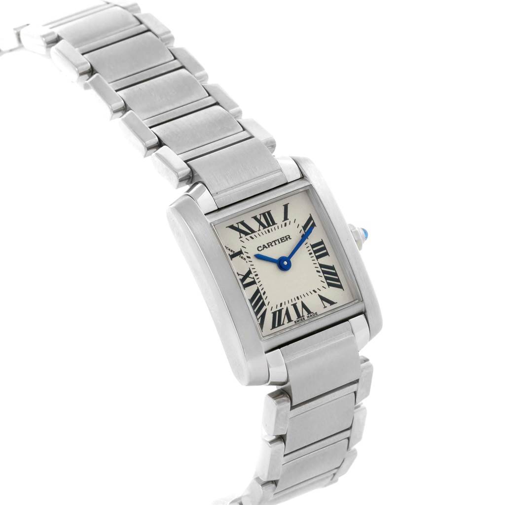 This image shows a Cartier Tank Francaise W51008Q3 Women's Stainless Steel Silver Dial W51008Q3 Women's Stainless Steel Silver Dial watch at an angle highlighting its face, bezel, and metal strap.