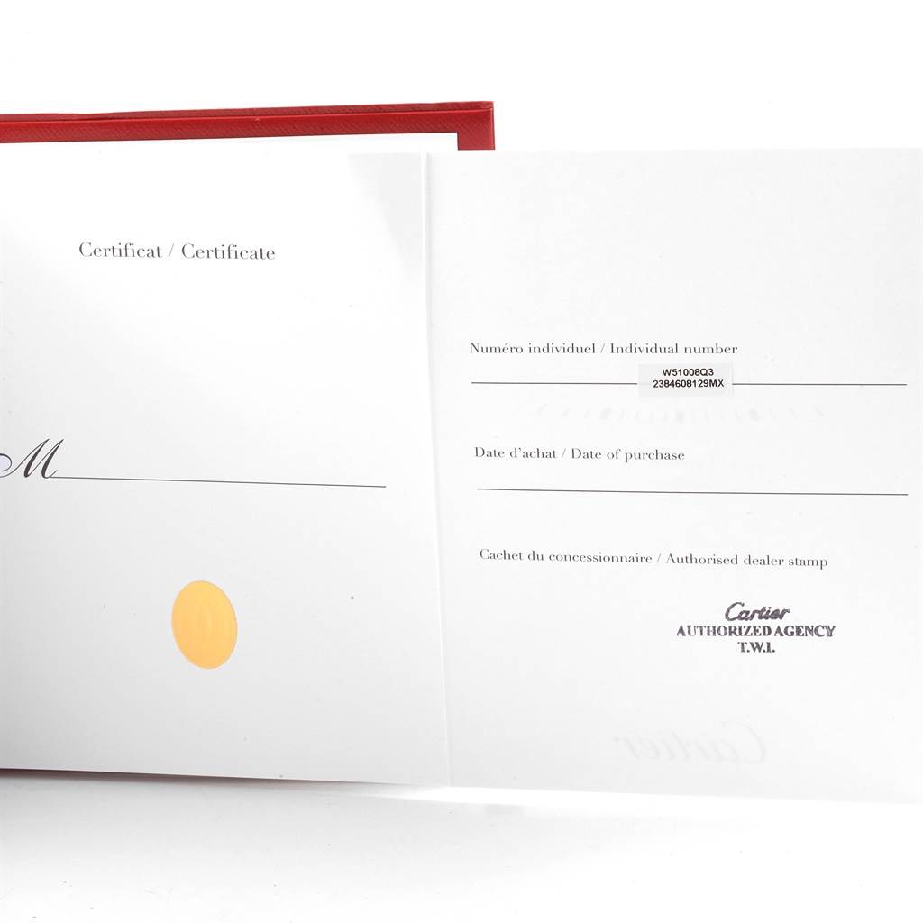 The image shows the certificate and authorized dealer stamp for the Cartier Tank Francaise W51008Q3 Women's Stainless Steel Silver Dial W51008Q3 Women's Stainless Steel Silver Dial watch model, placed inside a red cover.