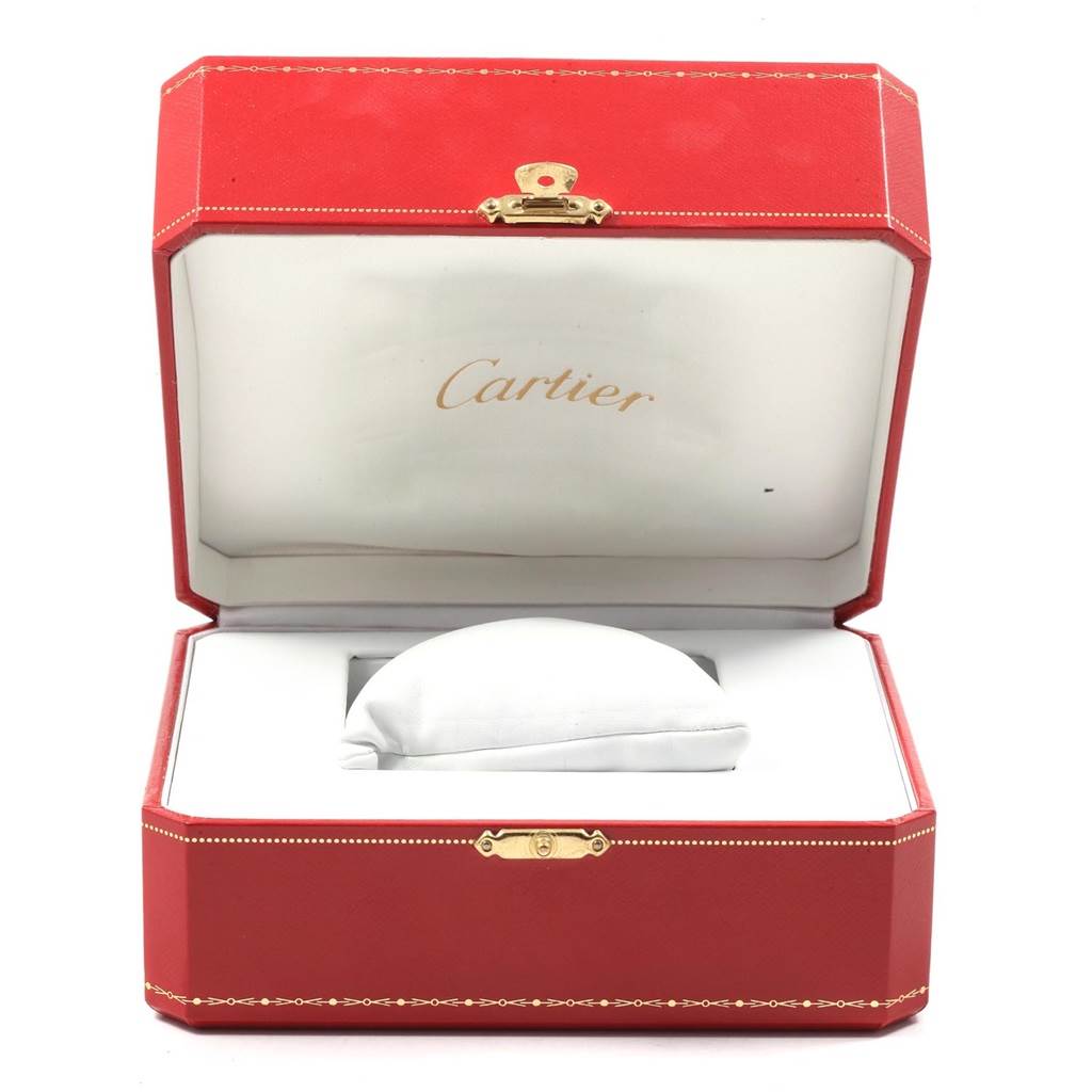 The image shows an open Cartier watch box for the Tank Française model, displaying the inner cushion and "Cartier" branding.
