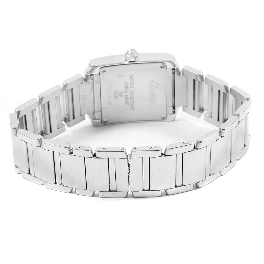 This image shows the back view of a Cartier Tank Francaise WE1002S3 Women's White Gold Silver Dial WE1002S3 Women's White Gold Silver Dial watch, focusing on the case back and metal bracelet.