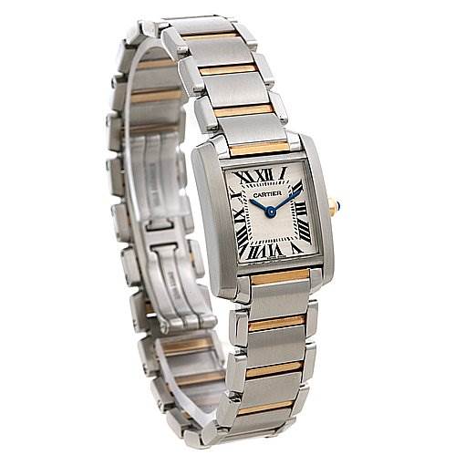 The image shows a Cartier Tank Française model watch, highlighting the bracelet and square face with Roman numerals.