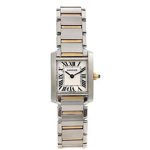 The image displays a front view of the Cartier Tank Francaise W51007Q4 Women's Yellow Gold Silver Dial W51007Q4 Women's Yellow Gold Silver Dial watch, showcasing its rectangular face and metal bracelet.