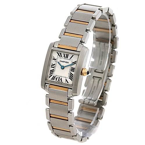 The image shows a Cartier Tank Francaise W51007Q4 Women's Yellow Gold Silver Dial W51007Q4 Women's Yellow Gold Silver Dial watch at a slight angle, highlighting its stainless steel and gold bracelet and rectangular face.