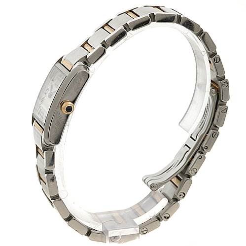 The image shows a side view of a Cartier Tank Francaise W51007Q4 Women's Yellow Gold Silver Dial W51007Q4 Women's Yellow Gold Silver Dial watch, focusing on the bracelet and crown.