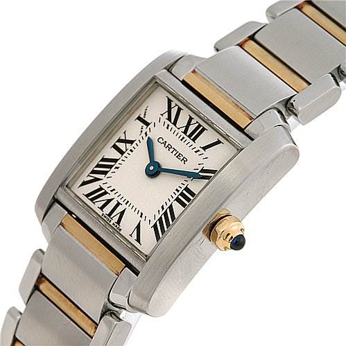 The image shows a Cartier Tank Française watch at an angled view displaying the rectangular case, dial with Roman numerals, and part of the bracelet.