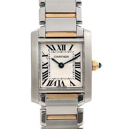 This is a front view of the Cartier Tank Francaise W51007Q4 Women's Yellow Gold Silver Dial W51007Q4 Women's Yellow Gold Silver Dial watch, showing the rectangular face, Roman numerals, and metal bracelet with gold accents.