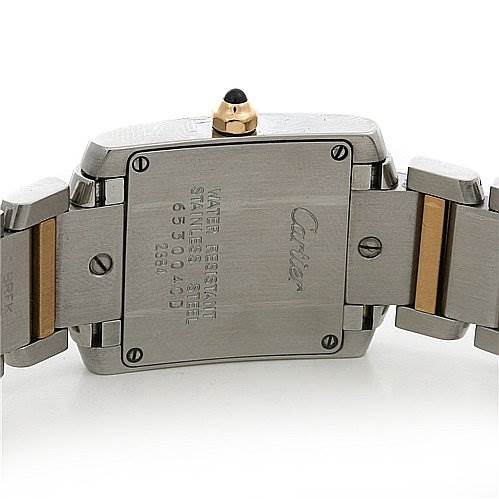 This image shows the back view of a Cartier Tank Française watch, highlighting the case back and part of the metal bracelet.