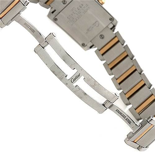 The image shows the back and clasp of a Cartier Tank Francaise W51007Q4 Women's Yellow Gold Silver Dial W51007Q4 Women's Yellow Gold Silver Dial watch, highlighting the stainless steel band and folding clasp mechanism.