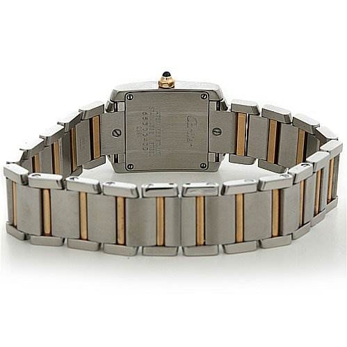 The image shows the back view of a Cartier Tank Francaise W51007Q4 Women's Yellow Gold Silver Dial W51007Q4 Women's Yellow Gold Silver Dial watch, highlighting the bracelet and case back.