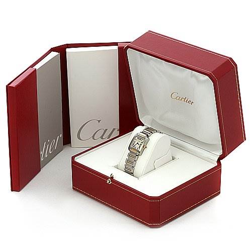 The Cartier Tank Francaise W51007Q4 Women's Yellow Gold Silver Dial W51007Q4 Women's Yellow Gold Silver Dial watch is shown angled inside its open, red box with "Cartier" branding visible.