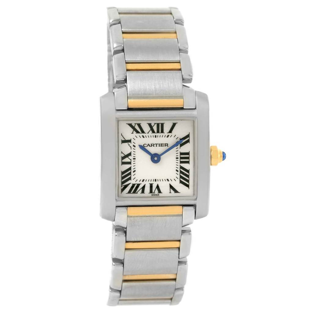 The Cartier Tank Francaise W51007Q4 Women's Steel and Gold (two tone) Silver Dial W51007Q4 Women's Steel and Gold (two tone) Silver Dial watch is shown from a front angle, displaying its face, bezel, crown, and bracelet.