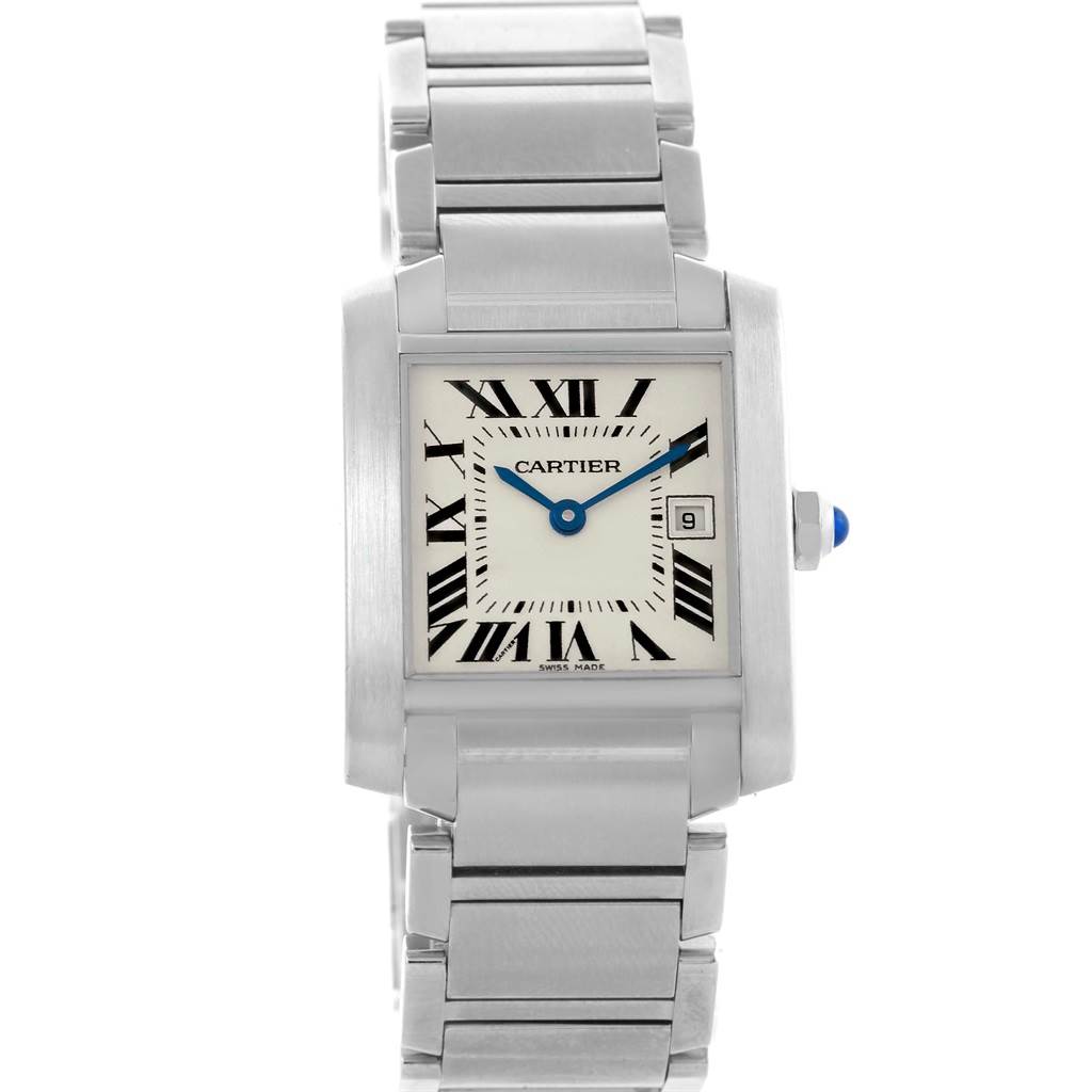 This image shows a front view of a Cartier Tank Francaise W51011Q3 Women's Stainless Steel Silver Dial W51011Q3 Women's Stainless Steel Silver Dial watch, displaying its rectangular face, Roman numerals, and metal bracelet.