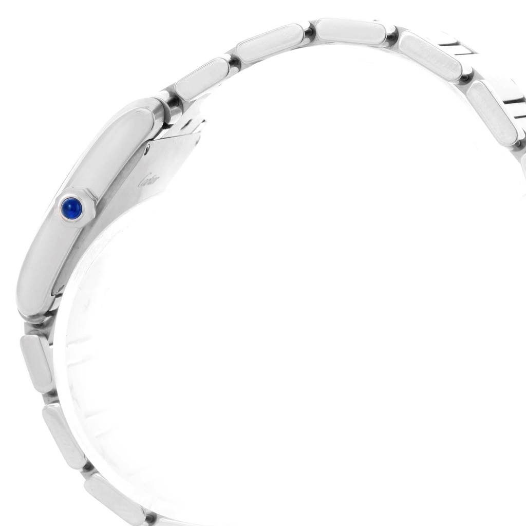 The image shows a side view of a Tank Francaise watch by Cartier, highlighting the band and blue cabochon crown.