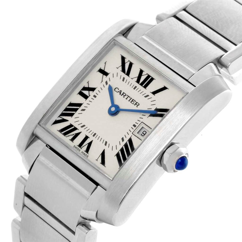 The image shows a close-up angle of the Cartier Tank Francaise W51011Q3 Women's Stainless Steel Silver Dial W51011Q3 Women's Stainless Steel Silver Dial watch, highlighting its face, Roman numerals, and part of the stainless steel bracelet and crown.