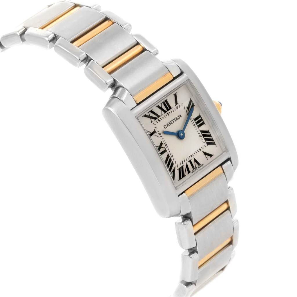 This Cartier Tank Francaise W51007Q4 Women's Steel and Gold (two tone) Silver Dial W51007Q4 Women's Steel and Gold (two tone) Silver Dial watch is shown at an angled view highlighting its rectangular face and metal bracelet with gold accents.